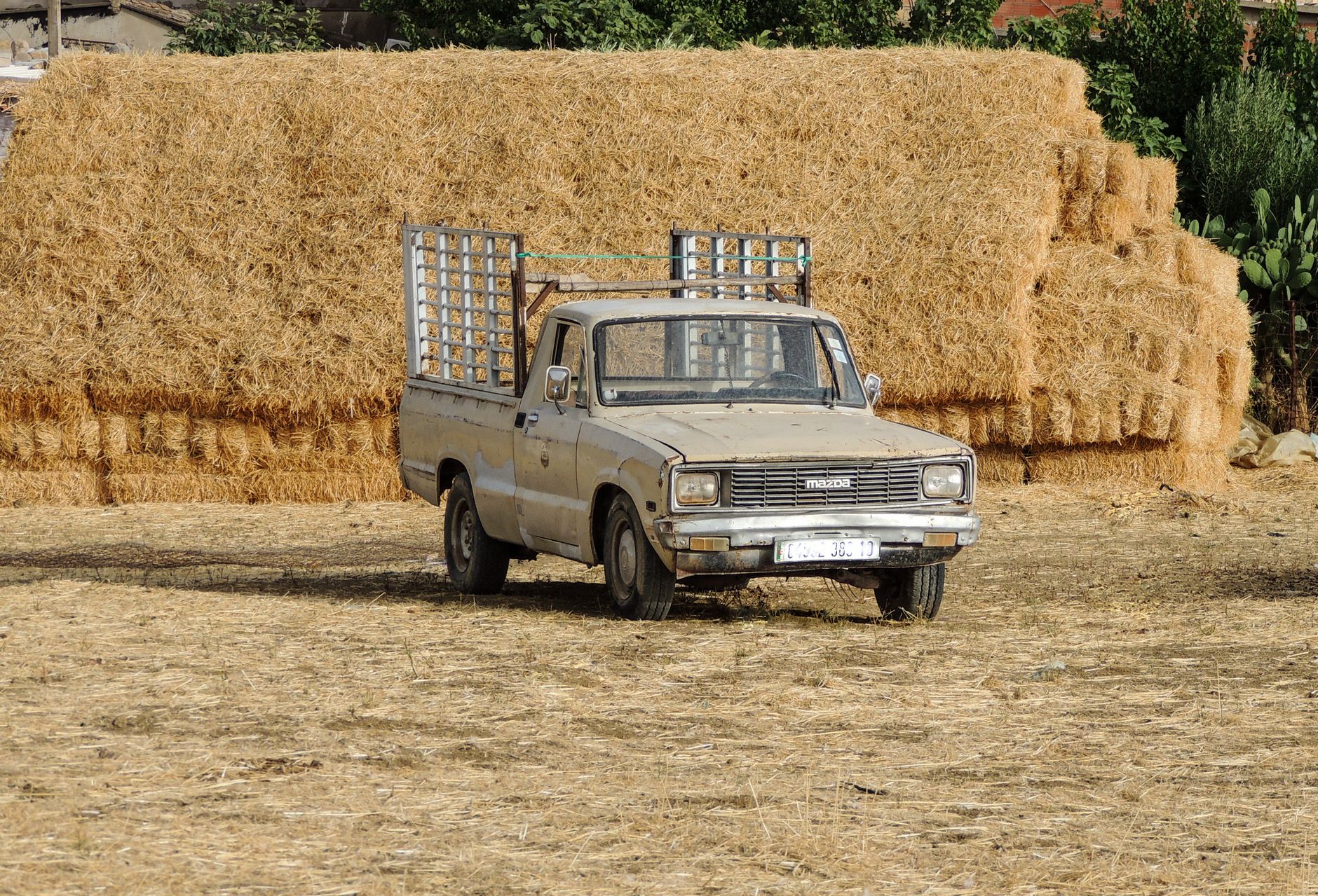 Picape antiga estacionada ao lado de fardos de feno em uma propriedade rural